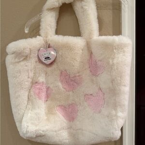 Faux Fur Cream Tote with Pink Heart Accents